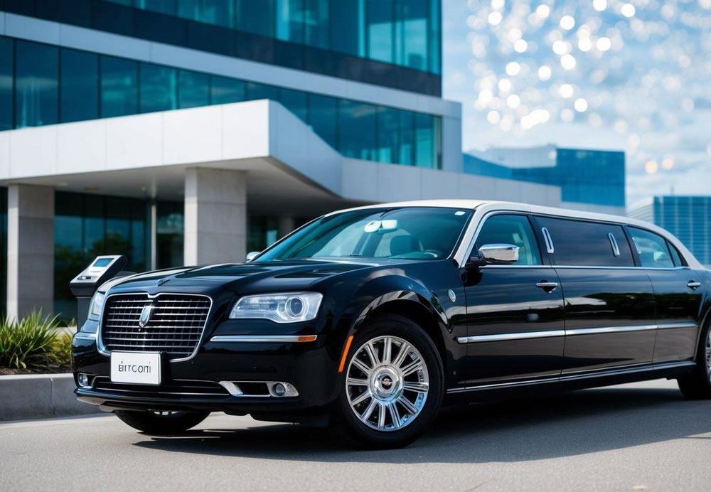 A luxurious limo parked in front of a modern office building, with a sleek Bitcoin payment terminal on the counter
