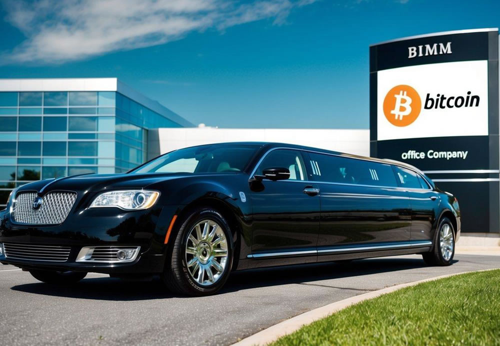 A luxury limousine parked in front of a modern office building, with a sign displaying the Bitcoin logo and the company name