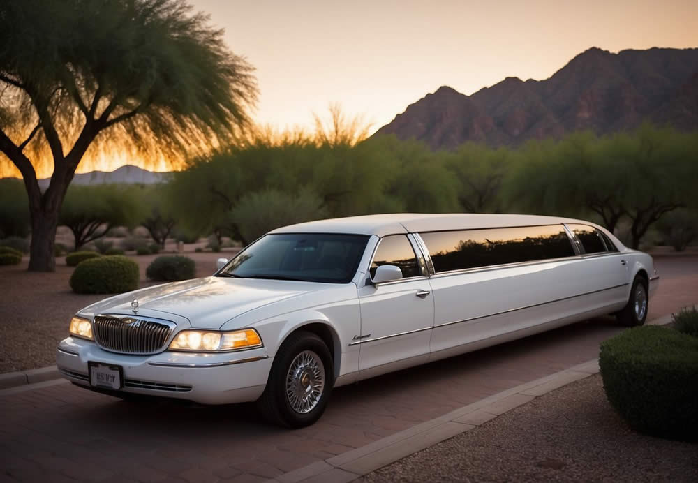 A sleek white limousine pulls up to a grand wedding venue in Camelback, Arizona. The sun sets behind the mountains, casting a warm glow on the elegant vehicle