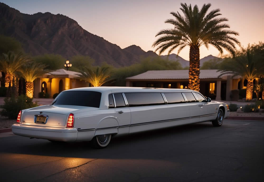 A sleek white limousine parked in front of a luxurious wedding venue in Camelback, Arizona. The sun is setting, casting a warm glow on the surrounding palm trees and mountains in the distance