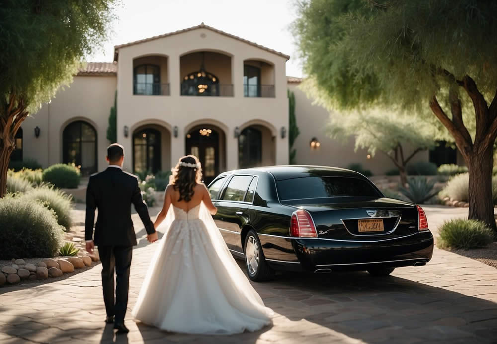 A sleek black limousine pulls up to a luxurious wedding venue in Camelback, Arizona. The chauffeur holds the door open as the bride and groom step out, ready to begin their new life together